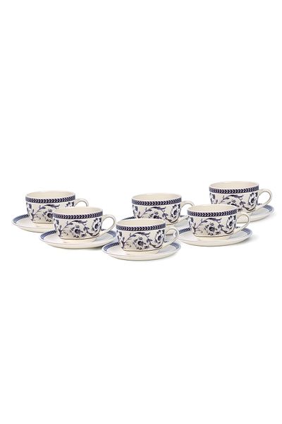 Claytan Callista 240 ml Ceramic Coffee Cup & Saucer Set (Purple & White, Set Of 6)