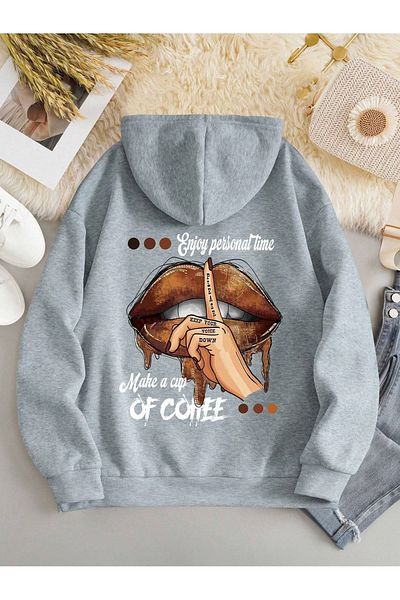 Boi Φούτερ Lip Coffee Φούτερ - Γκρι στάμπα Oversize Χοντρή κουκούλα