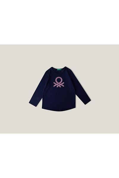 United Colors of Benetton 100% Cotton Long Sleeve T-Shirt with Logo for Girls