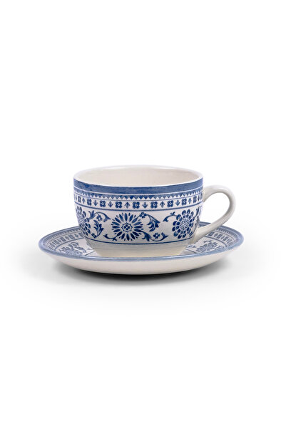Claytan Plethora Grey-Rim 240 ml Porcelain Coffee Cup & Saucer Set (Grey & Blue, Set Of 4)