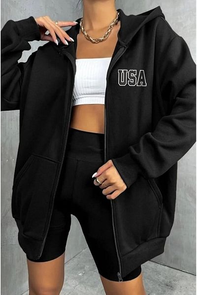 Boi USA Logo Φούτερ Ζακέτα με φερμουάρ - Μαύρη στάμπα Oversize Winter Hoodie με τσέπες