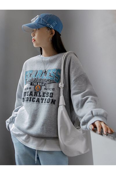 Boi Χειμερινό φούτερ Fearless Thick - Γκρι με στάμπα Oversize Crew Neck