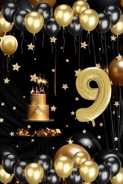 tedaks 9 Year Old Gold Black Balloon Set Gold Numbered Birthday Balloon Stylish Party Ornament