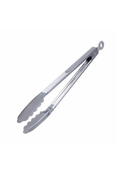 PUFO Clește de bucătărie metalic pentru servire, grătar, friptură, cu mâner din oțel, vârf din silicon, 34 cm, gri