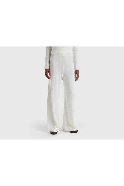 United Colors of Benetton Cream Wide-Leg Women's Pants in Cashmere-Wool Blend