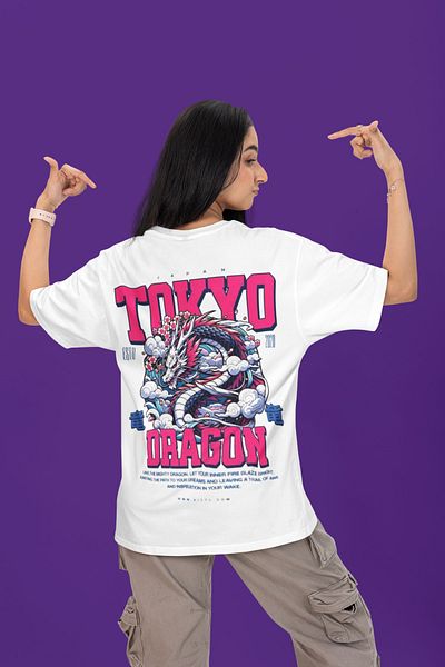 MAGORS Tokyo Dragon Streetwear Unisex Oversize Cut 100% Cotton Soft Textured Crew Neck White T-Shirt