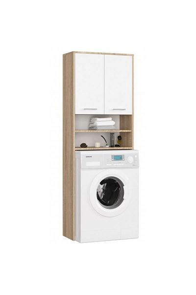 JollyMag Dulap baie cu loc pentru masina de spalat, placa laminata, 4 rafturi, 2 usi, stejar si alb, 64x30