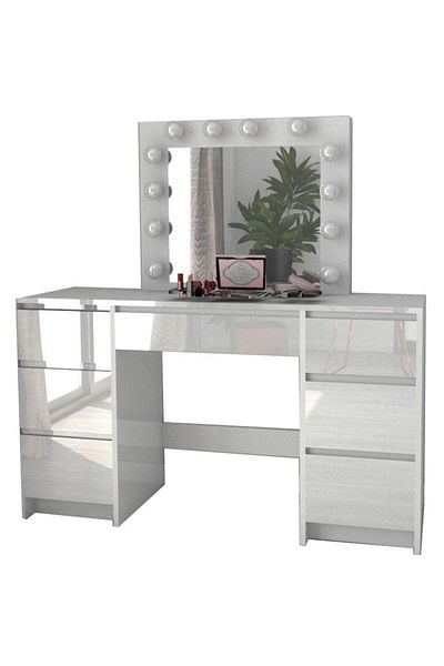 JollyMag Dressing table/makeup table, glossy white, with mirror and LEDs, Vanessa, 130x43x143 cm