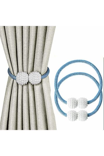 PUFO Șnur de strângere cu mărgele pentru perdele sau draperii cu magnet, albastru