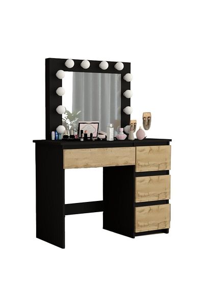 JollyMag Dressing table/makeup table, black and Wotan oak, with mirror and LEDs, Irina, 94x43x141 cm