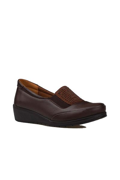 Trend Adımlar Brown Light Wedge Heel Genuine Leather Mother Shoes