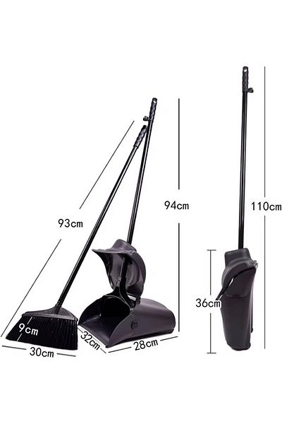 MOONLİGHT Long Handle Dust Pan with Broom, Black