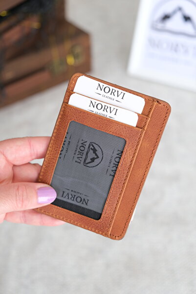 Norvi Leather Genuine Leather Card Holder with Id Compartment Tan