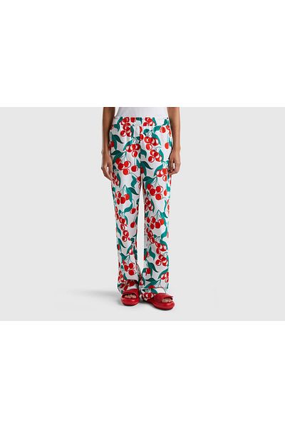 United Colors of Benetton Women's Long Cherry Print Pants with Elastic Waist