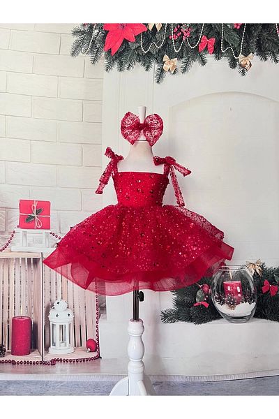 Nissa Red Strap Square Collar Girl's Dress Evening Dress