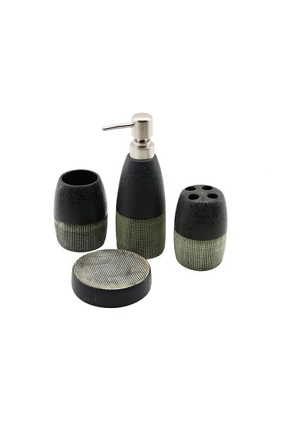 Beruflic 4 Pcs Anthracite Gray - Cream Ceramic Bathroom Cleaning Set Liquid - Solid Soap Dispenser - Toothbrush Holder - Paste Dispenser