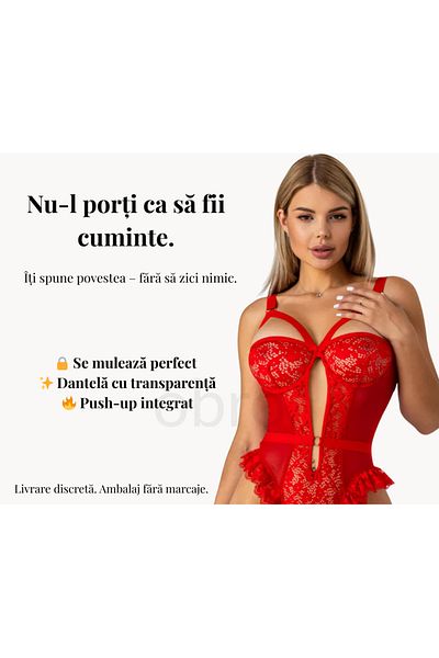 OBRO Sexy Lingerie Set with Garter Belt - Erotic Lace Bodysuit with Push-Up, Red