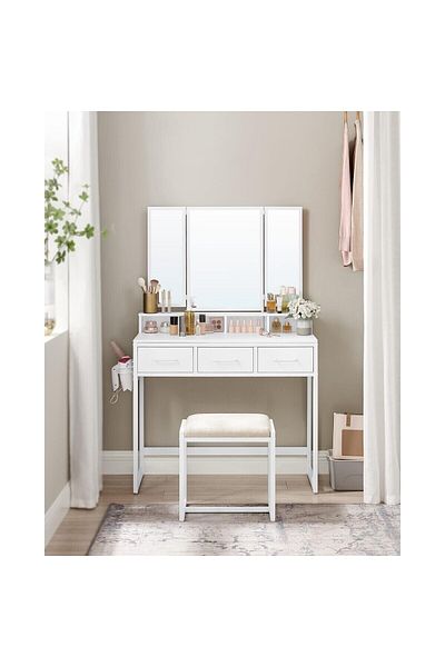 JollyMag Dressing table/makeup table, Artool, white, with 3 mirrors, stool, 3 drawers, 90x40x141 cm
