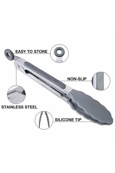 PUFO Clește de bucătărie metalic pentru servire, grătar, friptură, cu mâner din oțel, vârf din silicon, 34 cm, gri