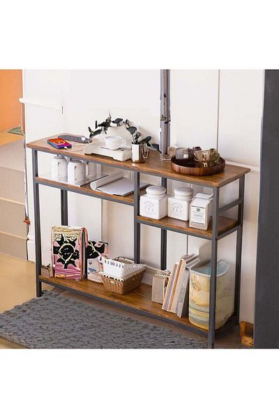 AGD Console Table with 4-Tier Storage Shelves, Entryway Side Table with Charging Station and Power O