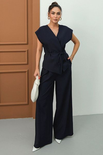 spirituel Women's Double Bottom Top Suit Lace-Up Loose Cut Flowy Summer Short Sleeve Kimono Jacket Palazzo Pants