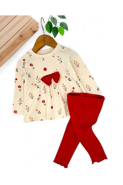Ege Bebek Baby Girl Floral Printed Seasonal 2-Piece Set – Long Sleeve Top with Bow and Ribbed Leggings – 6-24 Months