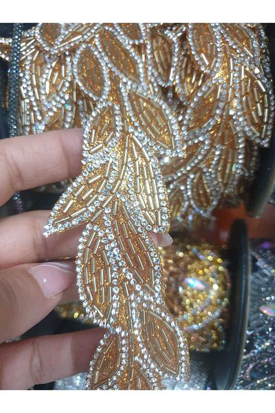 ESRA ŞELEM Iron-On Gold Yellow Leaf Model Decorative Strip Applique Hobby
