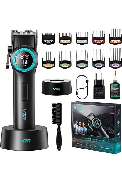 VGR Professional Men's Hair Clipper, Cordless Hair Trimmer, Carbon Steel Blade, LED Display