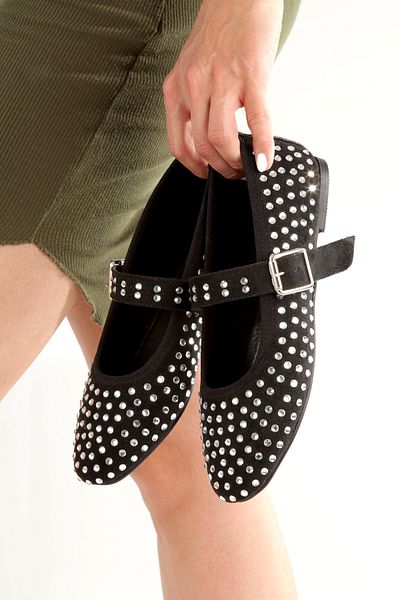 Ayakkabı Podyumum ''Leaf'' Black Suede Round Toe Orthopedic Stone Helmet Flat Bottom New Season