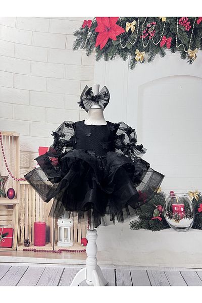 Nissa Black Floral Patterned Girl's Dress with Piping