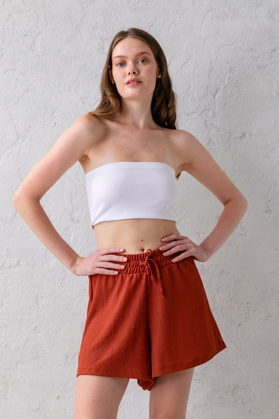 CNRCollection Women's Tile Comfortable Cut Elastic Waist Lace up Regular Waist Wrinkle Textured Knitted Shorts