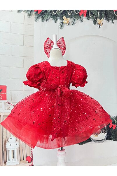 Nissa Red Stone Square Collar Girl's Dress Evening Dress