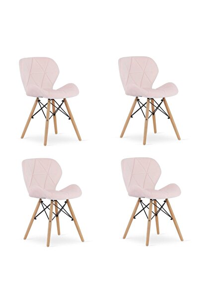 JollyMag Set 4 scaune stil scandinav, Artool, Lago, catifea, lemn, roz, 48x43x74 cm