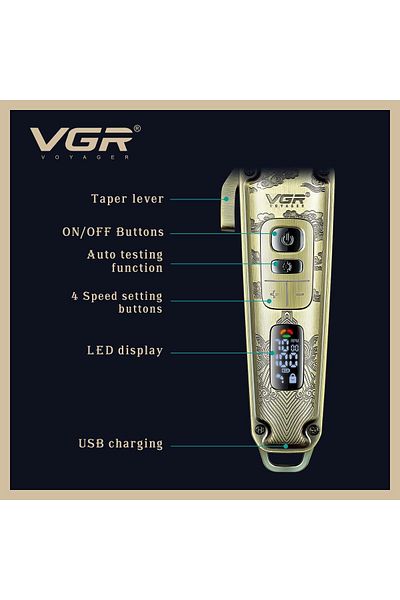 VGR Hair clipper with premium metal body - LED display, high-quality blade, 4-speed motor