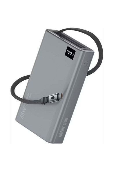 Green Lion Retractable 10000mAh Power Bank with 35W Power Delivery, LED Display, 75cm Cable Length,