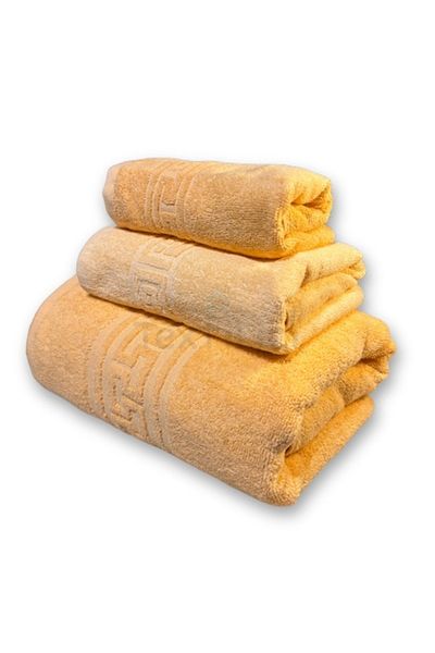 TextiLici Set 3 Towels 100% Premium Cotton, Greek Border Design, Mustard Yellow