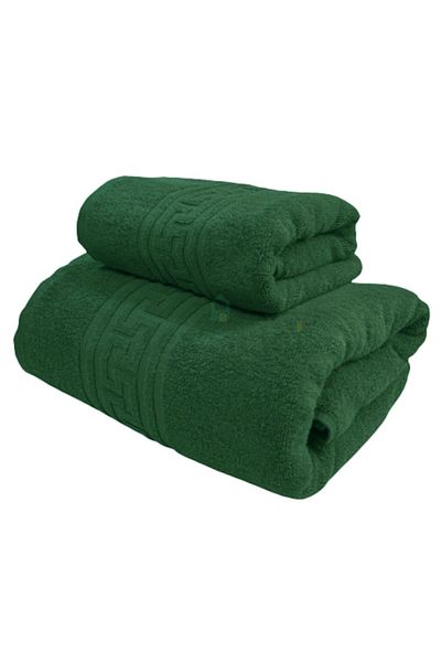 TextiLici Set 2 Premium Cotton Bath Towels, Greek Border Design, Green