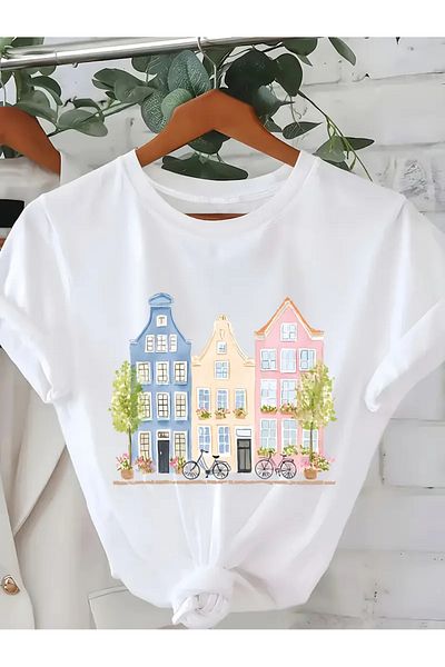 AEMİ Unisex Dutch Houses Holland Houses Printed Oversize Crew Neck T-Shirt