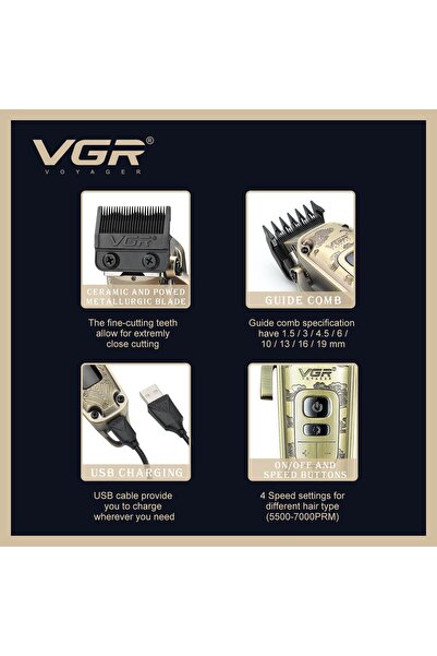 VGR Hair clipper with premium metal body - LED display, high-quality blade, 4-speed motor