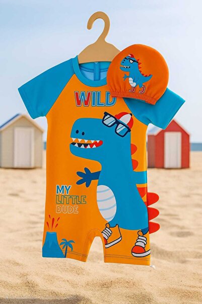 RONYPONY Boy's Swimsuit Dalgis Fabric Hidden Zipper Belted Character Patterned