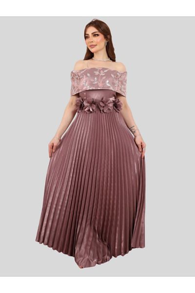 Nice Model Dusty Rose Off-Shoulder Pleated Maxi Dress Floral Embroidered Evening Gown Wedding Guest Dress
