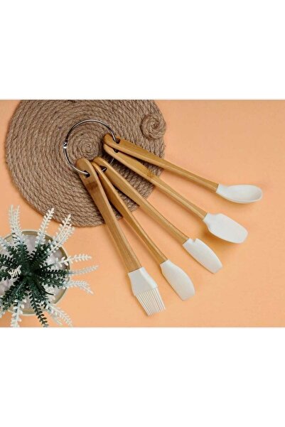 Skygo 5 Piece Mini Spatula Spoon Brush Set with Bamboo Handle and Silicone Tip