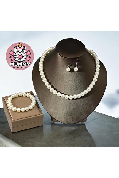 MUMMY CONCEPT 3’LÜ CAM İNCİ KOLYE BİLEKLİK KÜPE SETİ (DÜĞÜN, NİŞAN, ÖZEL GÜN)