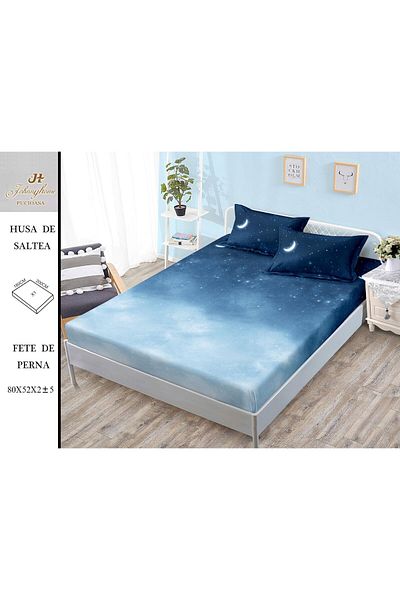 FIONNA.RO Satin Cotton Elastic Pillowcase 180x200cm - Blue With Moon