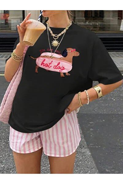 AEMİ تي شيرت برقبة دائرية كبيرة الحجم مطبوع عليه هوت دوج للجنسين