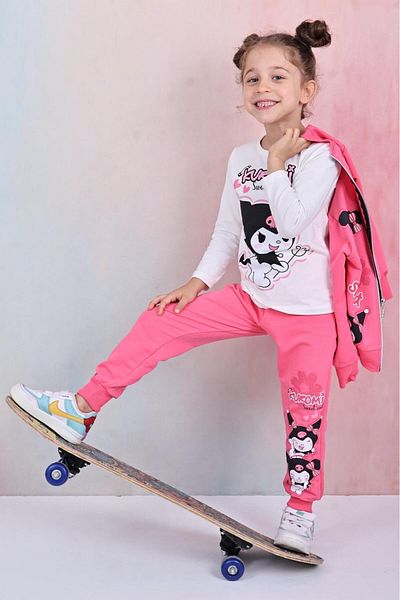 LİLLYPİCCA Girl's 3-Piece Set Long Sleeve Sweatshirt Printed Zippered Cardigan Elastic Waist Combed Cotton Trousers
