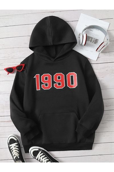 Boi 1990 Printed Unisex Oversize Black Hooded Kangaroo Pocket Sweatshirt
