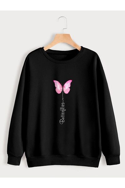 Boi Φούτερ με στάμπα Butterflies Unisex Oversize Μαύρο με λαιμόκοψη