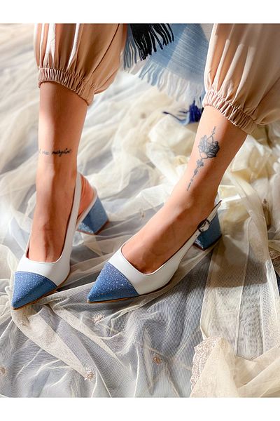BERFONA Cinderella White Leather Blue Glitter Detail 5 cm Heel Sandals