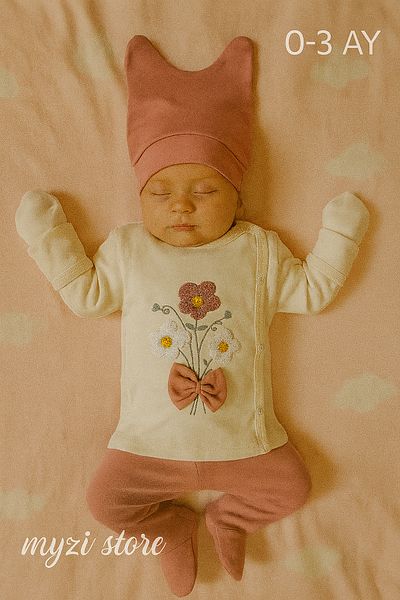 MYZİ STORE Organic Cotton 3-Piece Newborn Baby Set (0-3 Months) – Hat, Top and Bottom Clothing – Unisex